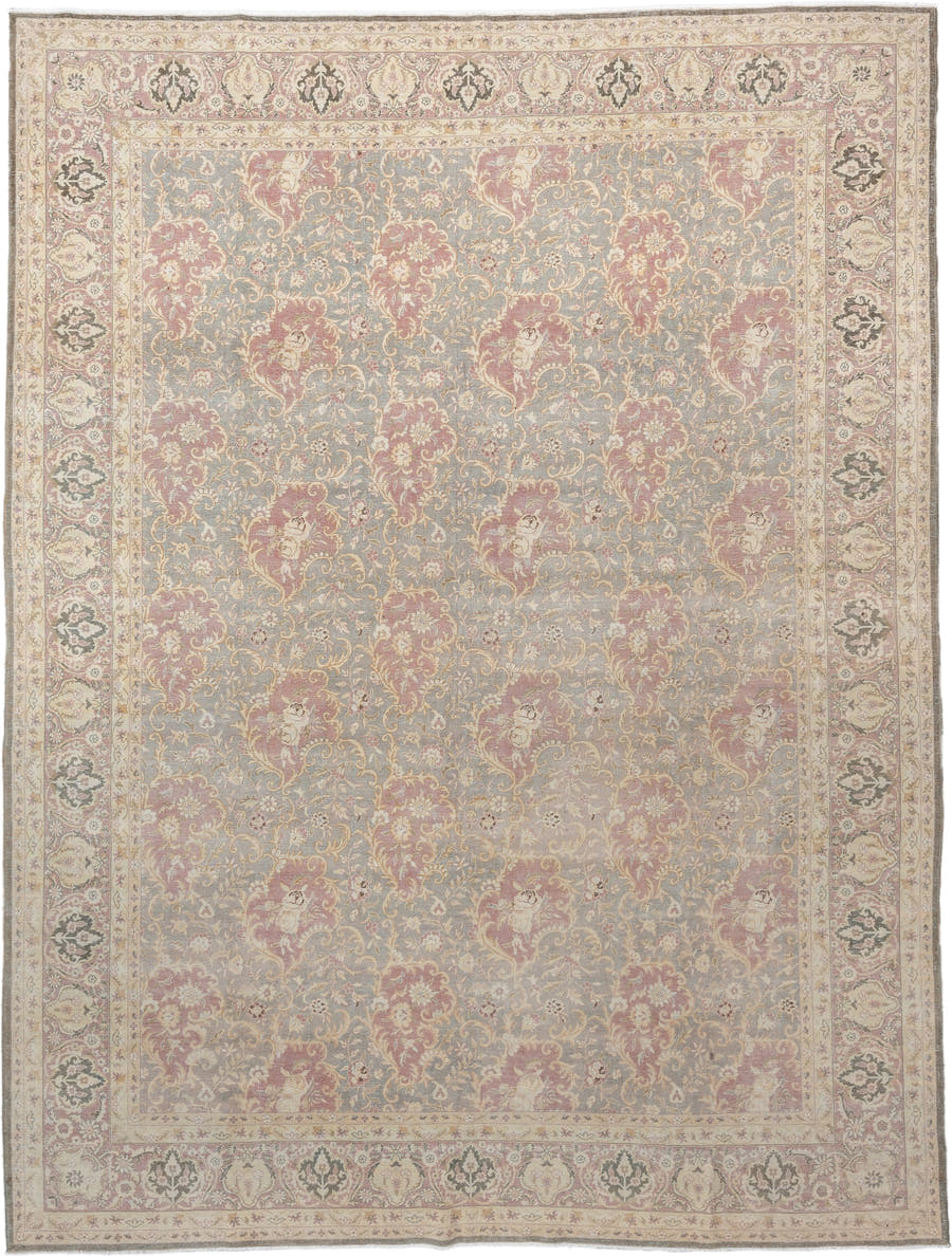 9' x 12' one-of-a-kind handmade vintage Tabriz large size rug. Color palette: ivory, blue-gray, blush, taupe, sage, charcoal
