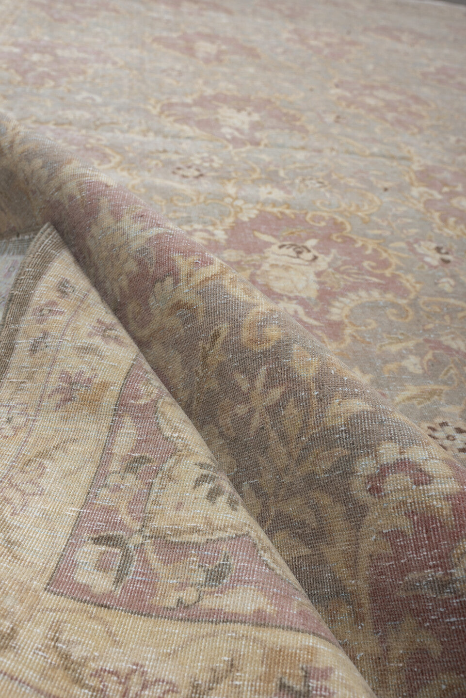 9' x 12' one-of-a-kind handmade vintage Tabriz large size rug. Color palette: ivory, blue-gray, blush, taupe, sage, charcoal