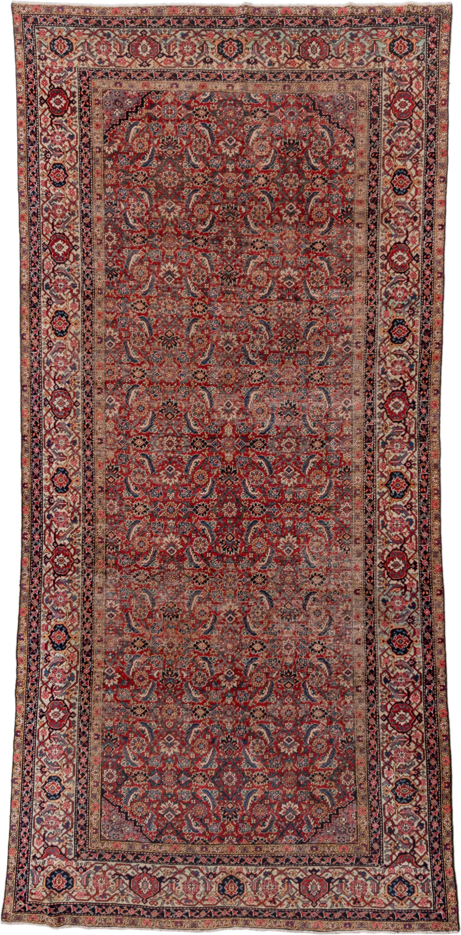 5' x 12' one-of-a-kind handmade vintage Farahan rug. Color palette: red, ivory, navy, slate, rose, camel, charcoal, blue