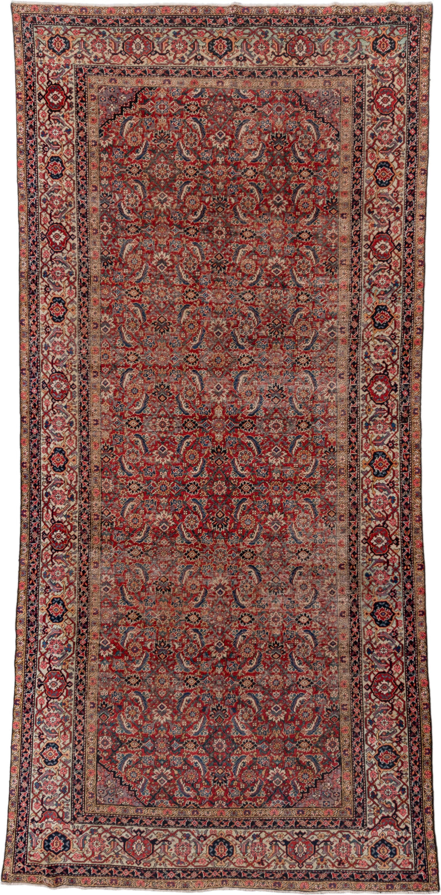 5' x 12' one-of-a-kind handmade vintage Farahan rug. Color palette: red, ivory, navy, slate, rose, camel, charcoal, blue