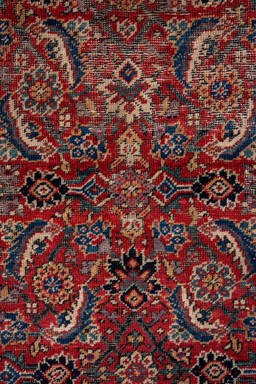 5' x 12' one-of-a-kind handmade vintage Farahan rug. Color palette: red, ivory, navy, slate, rose, camel, charcoal, blue