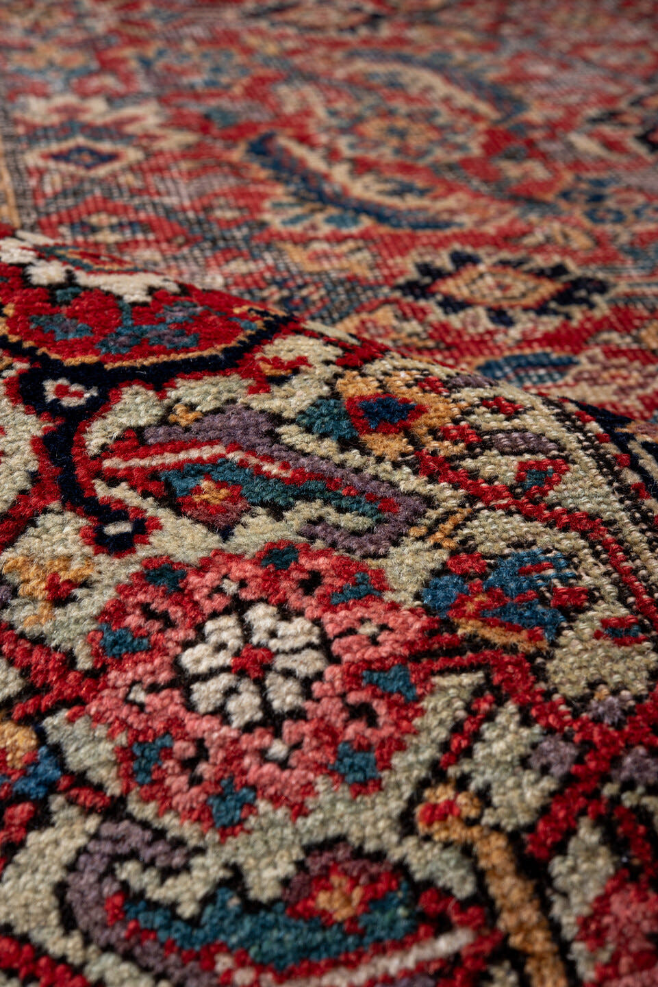 5' x 12' one-of-a-kind handmade vintage Farahan rug. Color palette: red, ivory, navy, slate, rose, camel, charcoal, blue