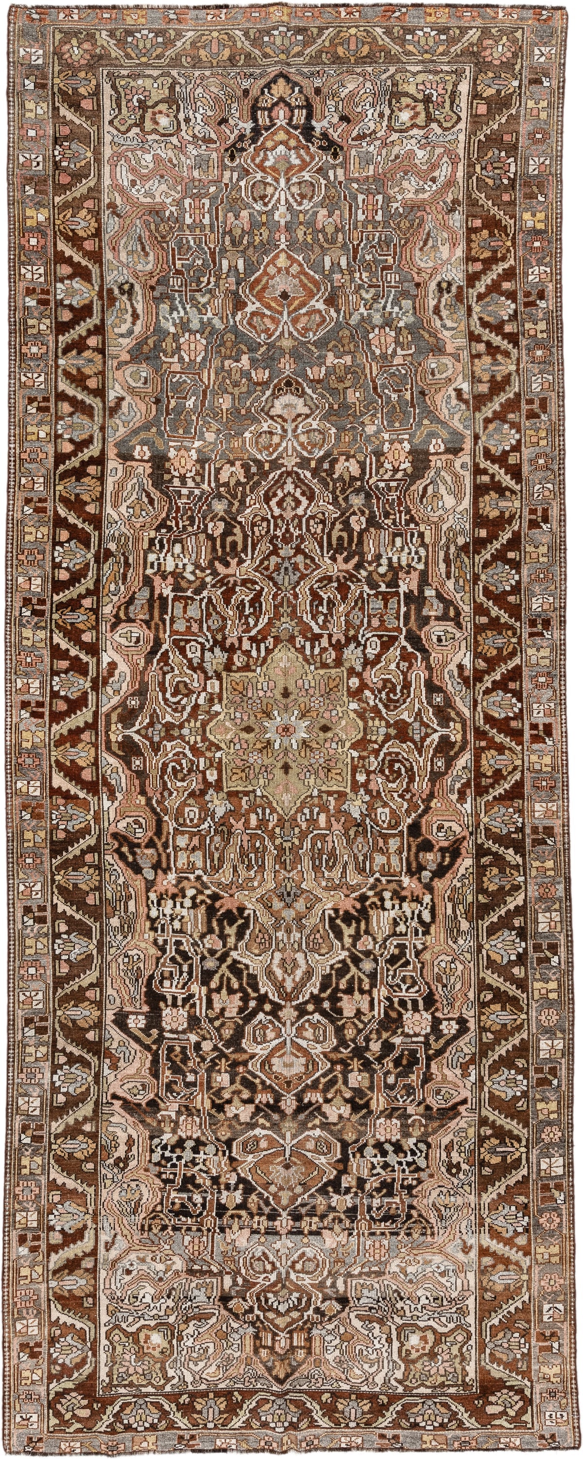 5' x 13' one-of-a-kind handmade vintage Baktiary rug. Color palette: brown, ivory, taupe, camel, charcoal, rust, sage, rose