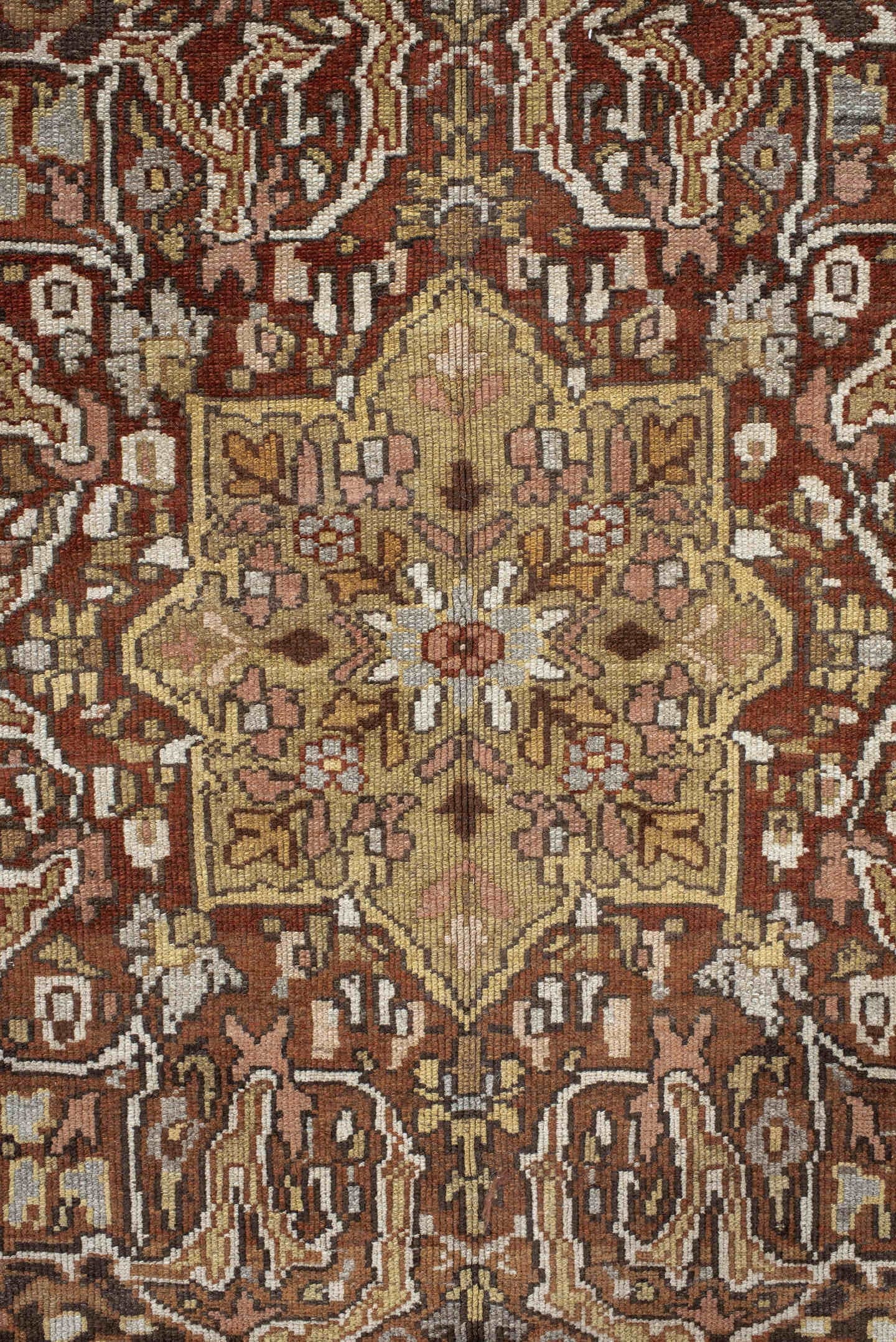5' x 13' one-of-a-kind handmade vintage Baktiary rug. Color palette: brown, ivory, taupe, camel, charcoal, rust, sage, rose