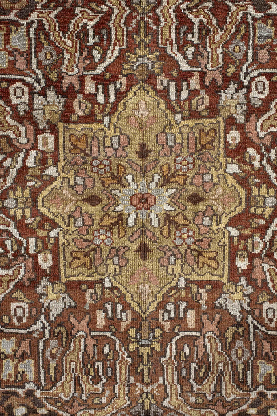 5' x 13' one-of-a-kind handmade vintage Baktiary rug. Color palette: brown, ivory, taupe, camel, charcoal, rust, sage, rose