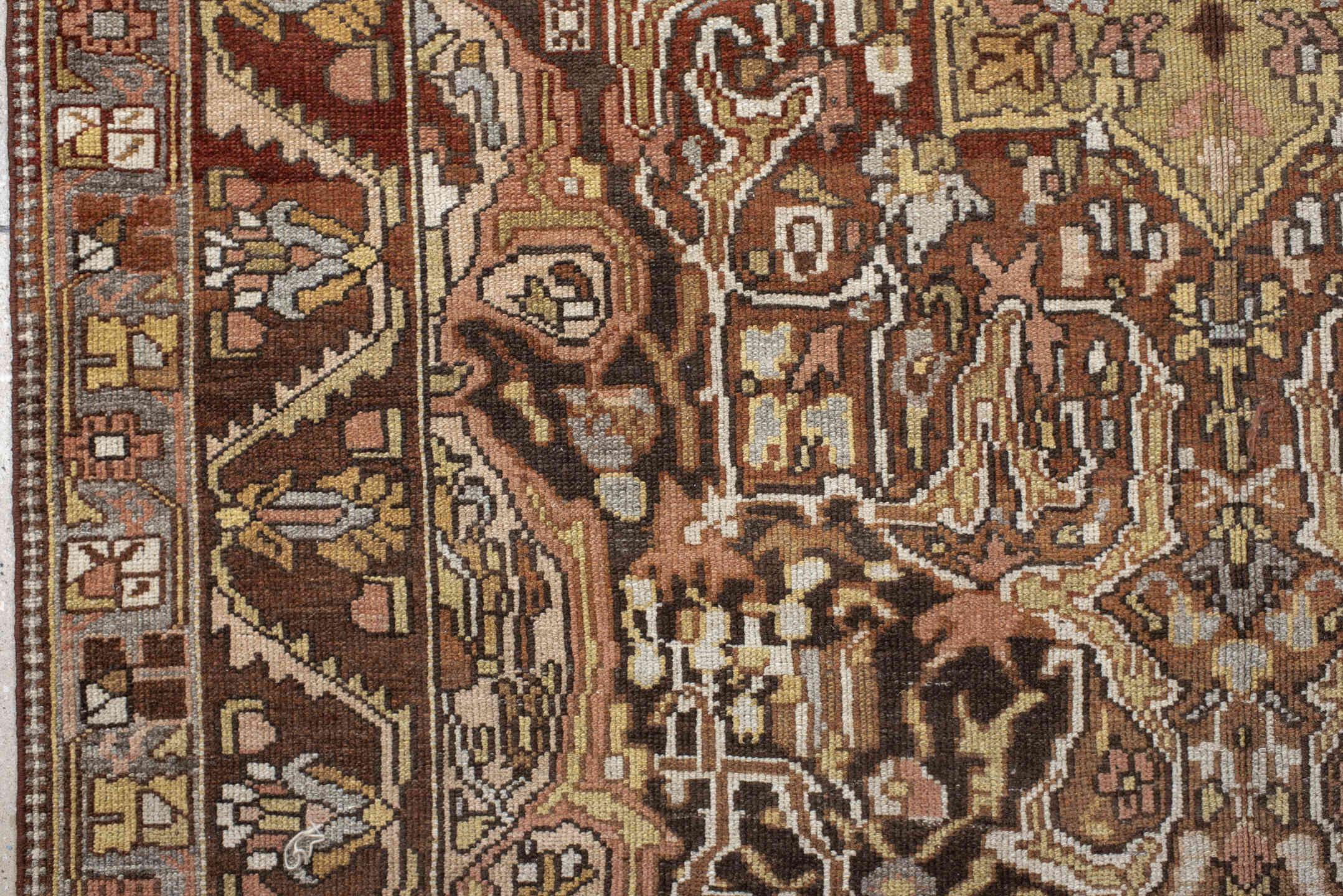 5' x 13' one-of-a-kind handmade vintage Baktiary rug. Color palette: brown, ivory, taupe, camel, charcoal, rust, sage, rose