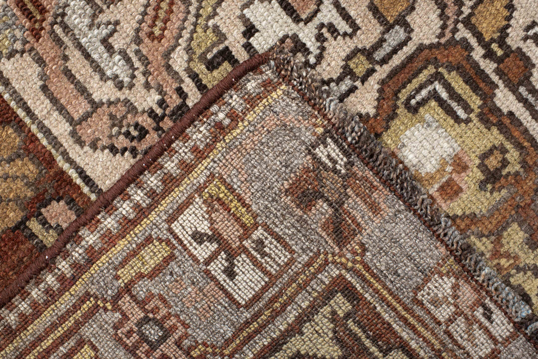 5' x 13' one-of-a-kind handmade vintage Baktiary rug. Color palette: brown, ivory, taupe, camel, charcoal, rust, sage, rose
