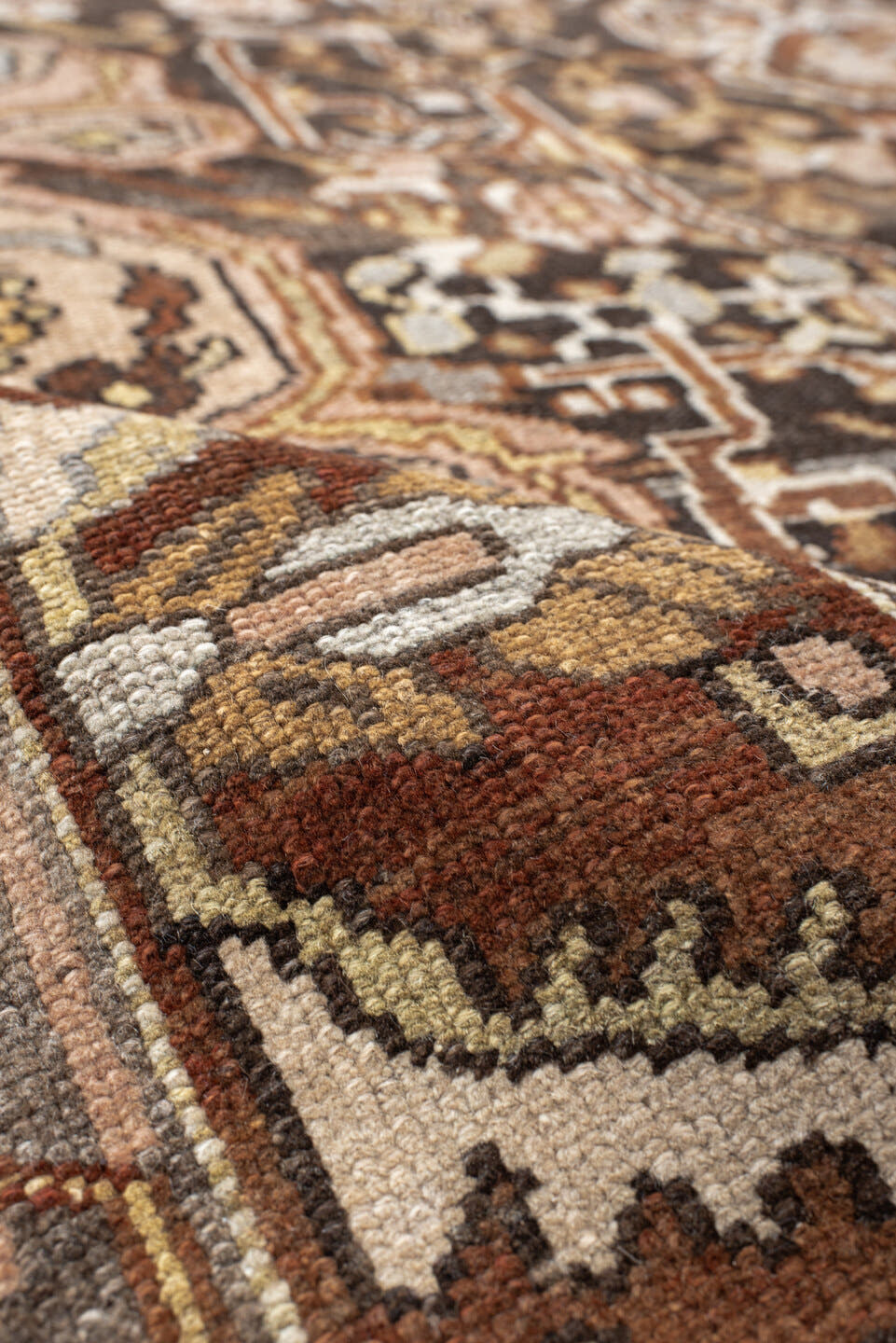 5' x 13' one-of-a-kind handmade vintage Baktiary rug. Color palette: brown, ivory, taupe, camel, charcoal, rust, sage, rose