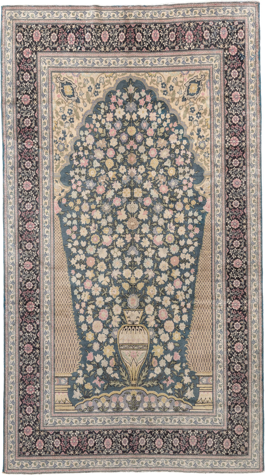 5' x 9' one-of-a-kind handmade vintage Sivas medium size rug. Color palette: soft blue, ivory, charcoal, blush, taupe, sage