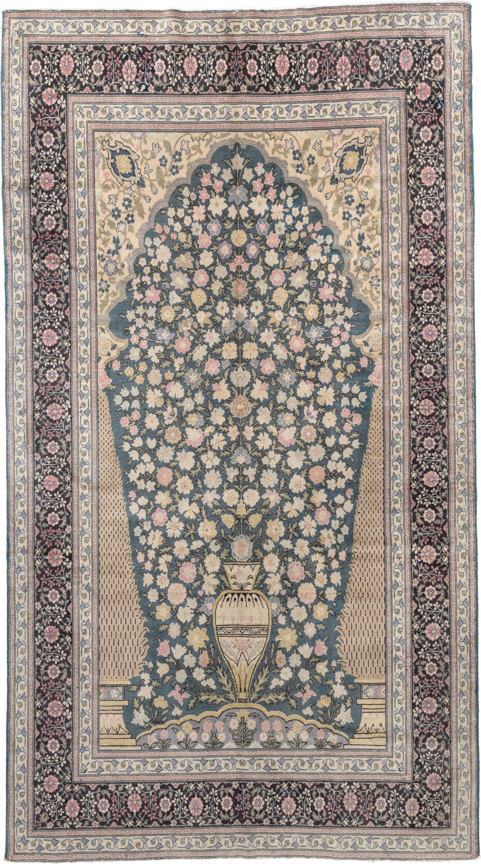 5' x 9' one-of-a-kind handmade vintage Sivas medium size rug. Color palette: soft blue, ivory, charcoal, blush, taupe, sage