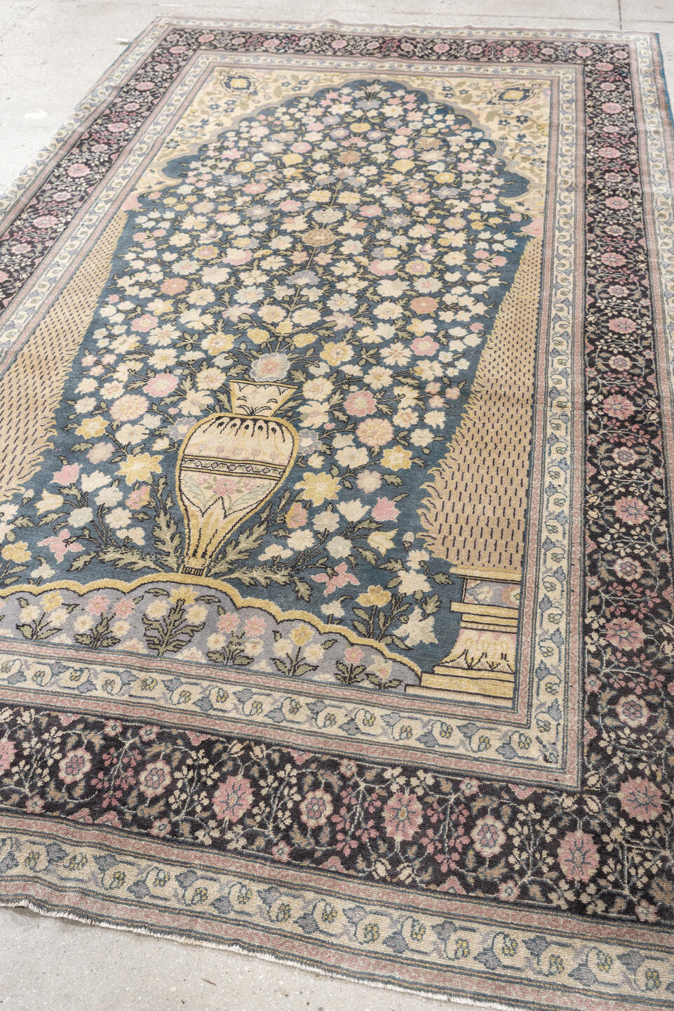 5' x 9' one-of-a-kind handmade vintage Sivas medium size rug. Color palette: soft blue, ivory, charcoal, blush, taupe, sage