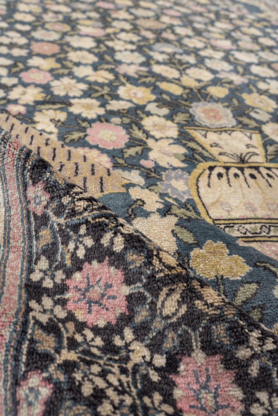 5' x 9' one-of-a-kind handmade vintage Sivas medium size rug. Color palette: soft blue, ivory, charcoal, blush, taupe, sage