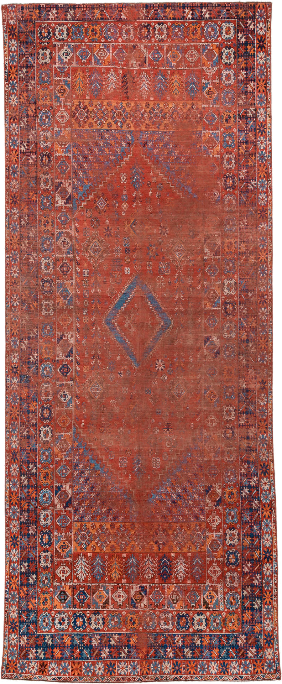 7' x 19' one-of-a-kind handmade vintage Marina rug. Color palette: terracotta, rust, indigo, ivory, sienna, navy, coral