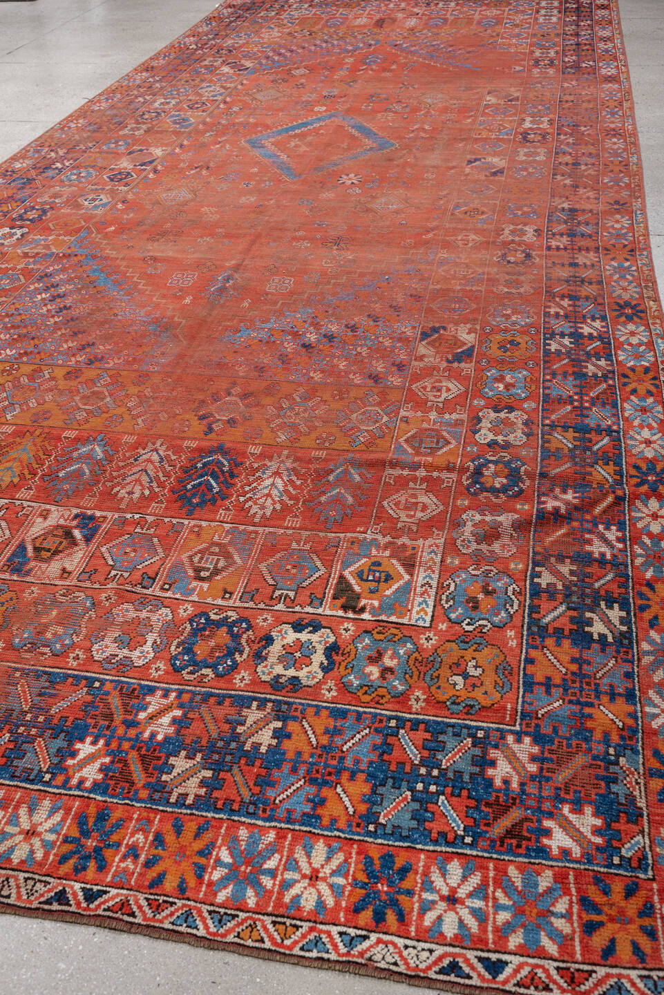 7' x 19' one-of-a-kind handmade vintage Marina rug. Color palette: terracotta, rust, indigo, ivory, sienna, navy, coral