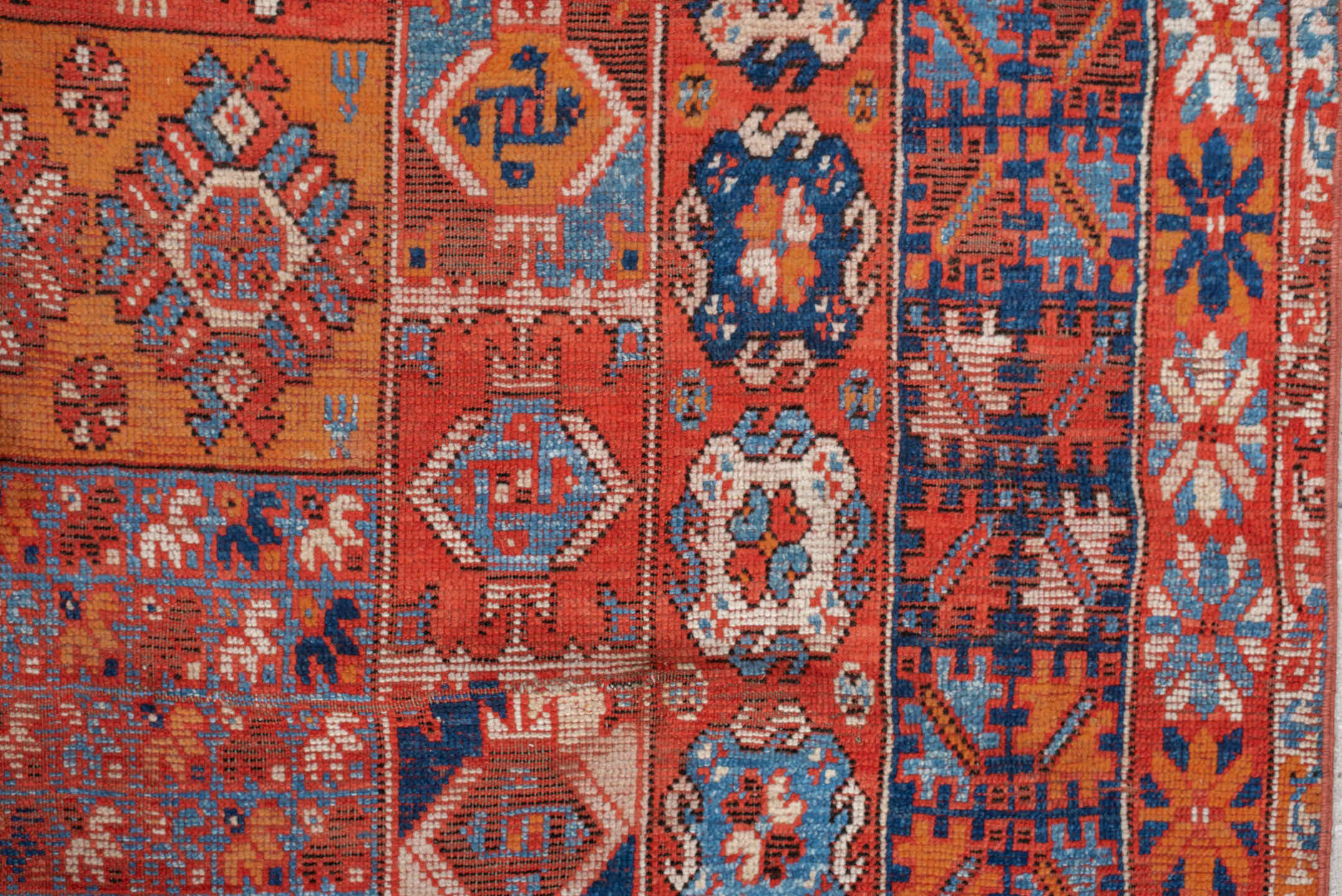 7' x 19' one-of-a-kind handmade vintage Marina rug. Color palette: terracotta, rust, indigo, ivory, sienna, navy, coral