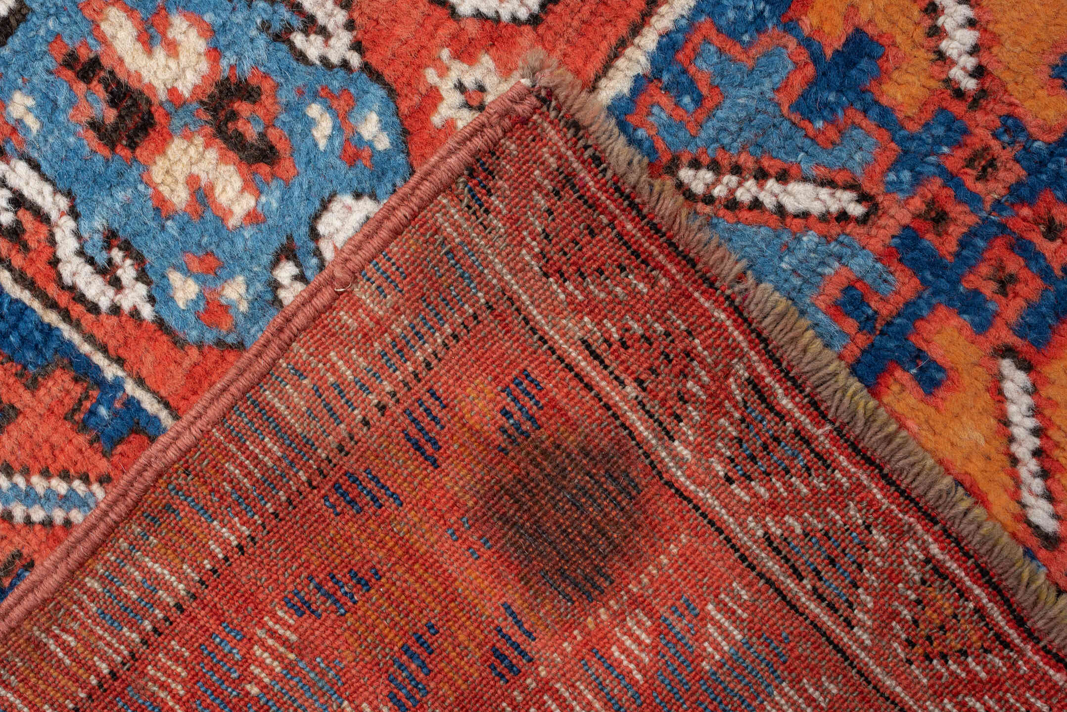 7' x 19' one-of-a-kind handmade vintage Marina rug. Color palette: terracotta, rust, indigo, ivory, sienna, navy, coral