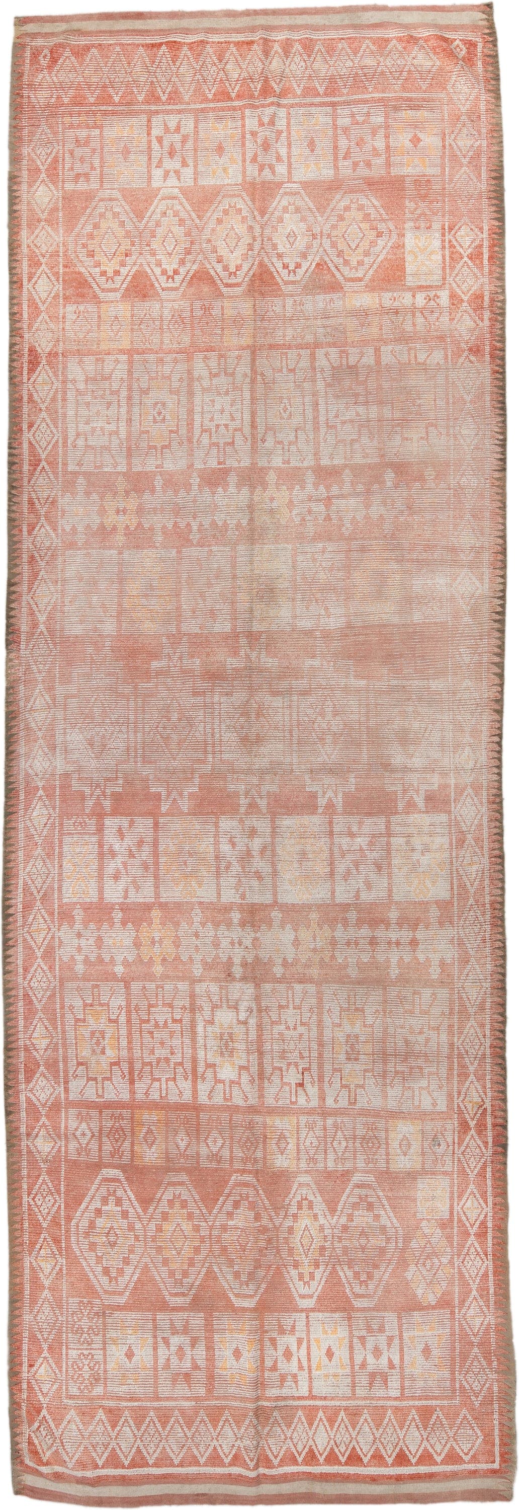 5' x 14' one-of-a-kind handmade vintage Moroccan runner rug. Color palette: terra cotta, ivory, peach, soft gold, camel