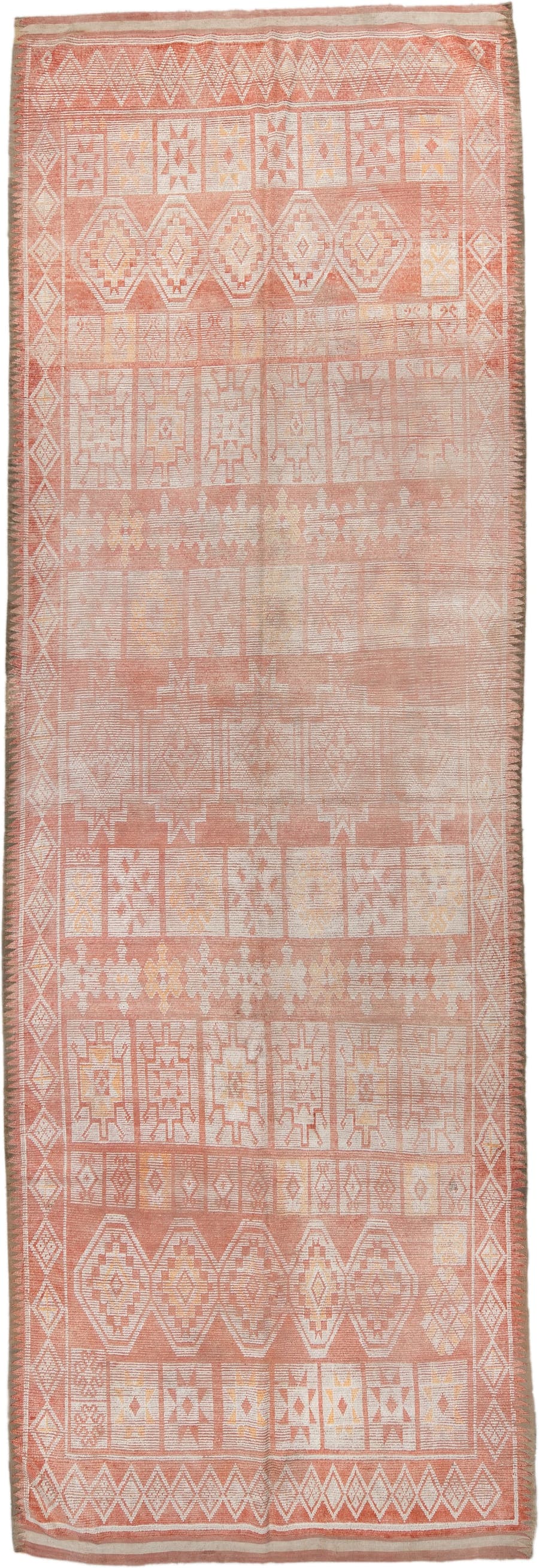 5' x 14' one-of-a-kind handmade vintage Moroccan runner rug. Color palette: terra cotta, ivory, peach, soft gold, camel