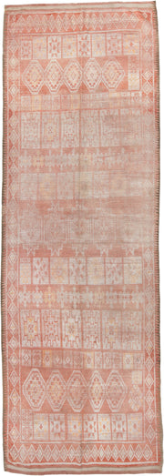 5' x 14' one-of-a-kind handmade vintage Moroccan runner rug. Color palette: terra cotta, ivory, peach, soft gold, camel