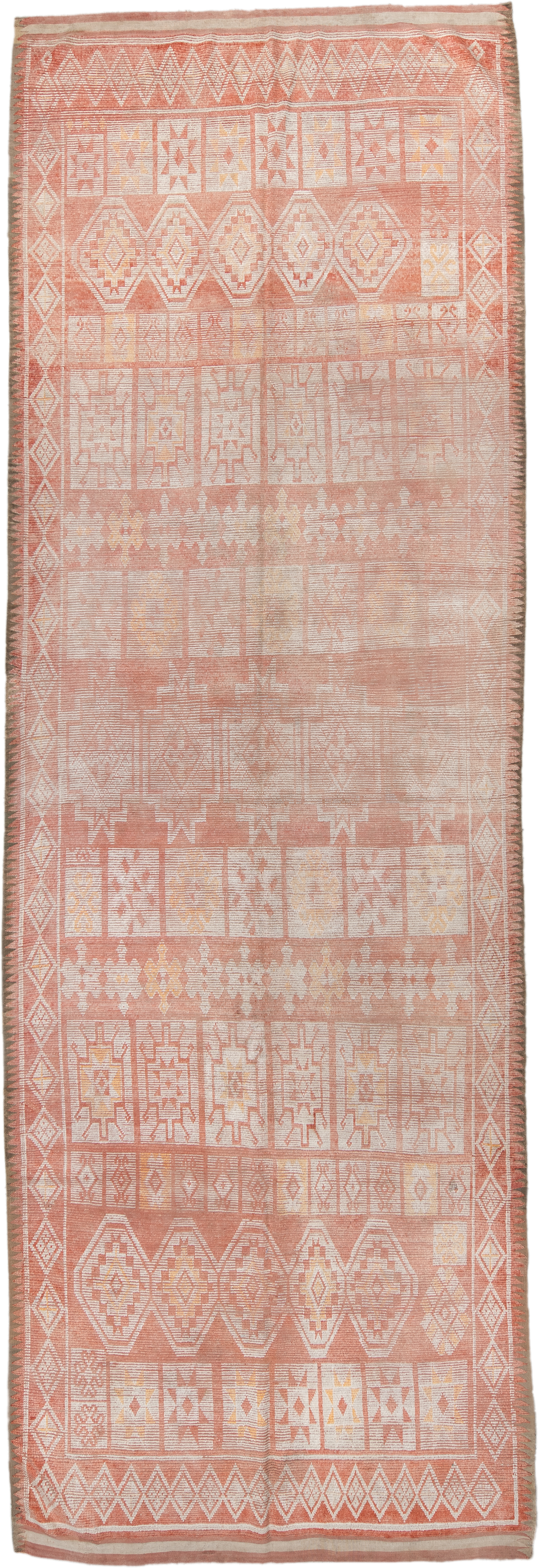 5' x 14' one-of-a-kind handmade vintage Moroccan runner rug. Color palette: terra cotta, ivory, peach, soft gold, camel