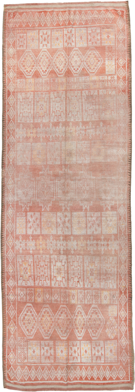 5' x 14' one-of-a-kind handmade vintage Moroccan runner rug. Color palette: terra cotta, ivory, peach, soft gold, camel