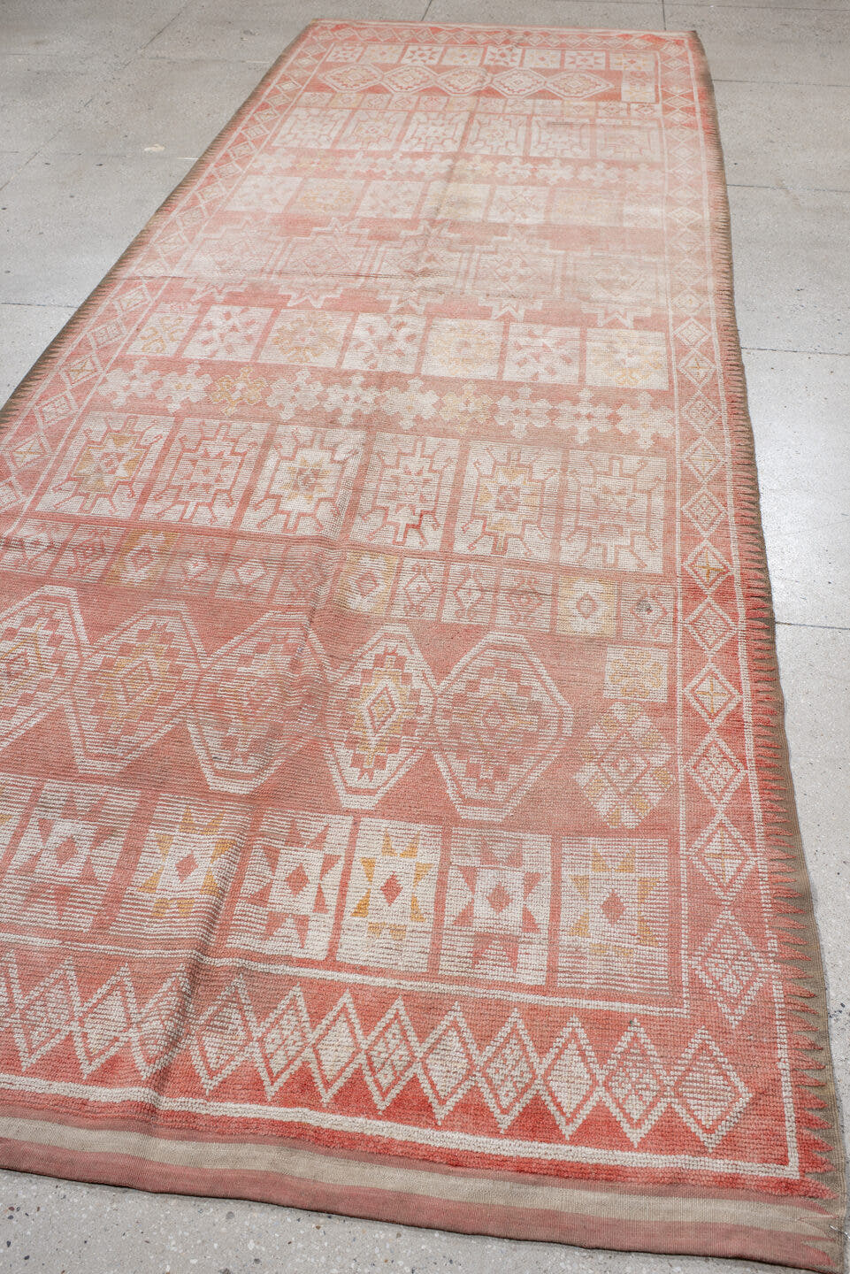 5' x 14' one-of-a-kind handmade vintage Moroccan runner rug. Color palette: terra cotta, ivory, peach, soft gold, camel