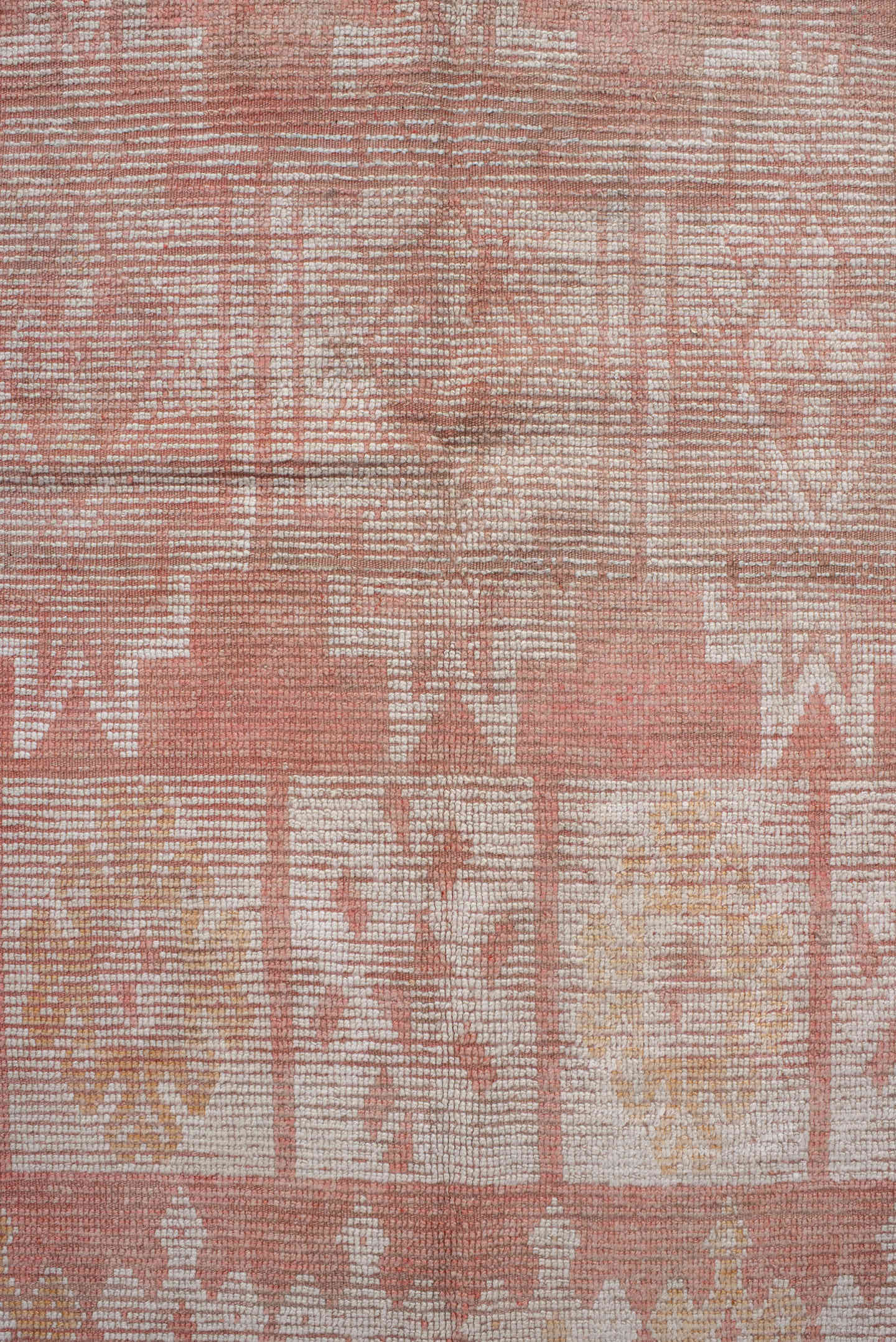 5' x 14' one-of-a-kind handmade vintage Moroccan runner rug. Color palette: terra cotta, ivory, peach, soft gold, camel