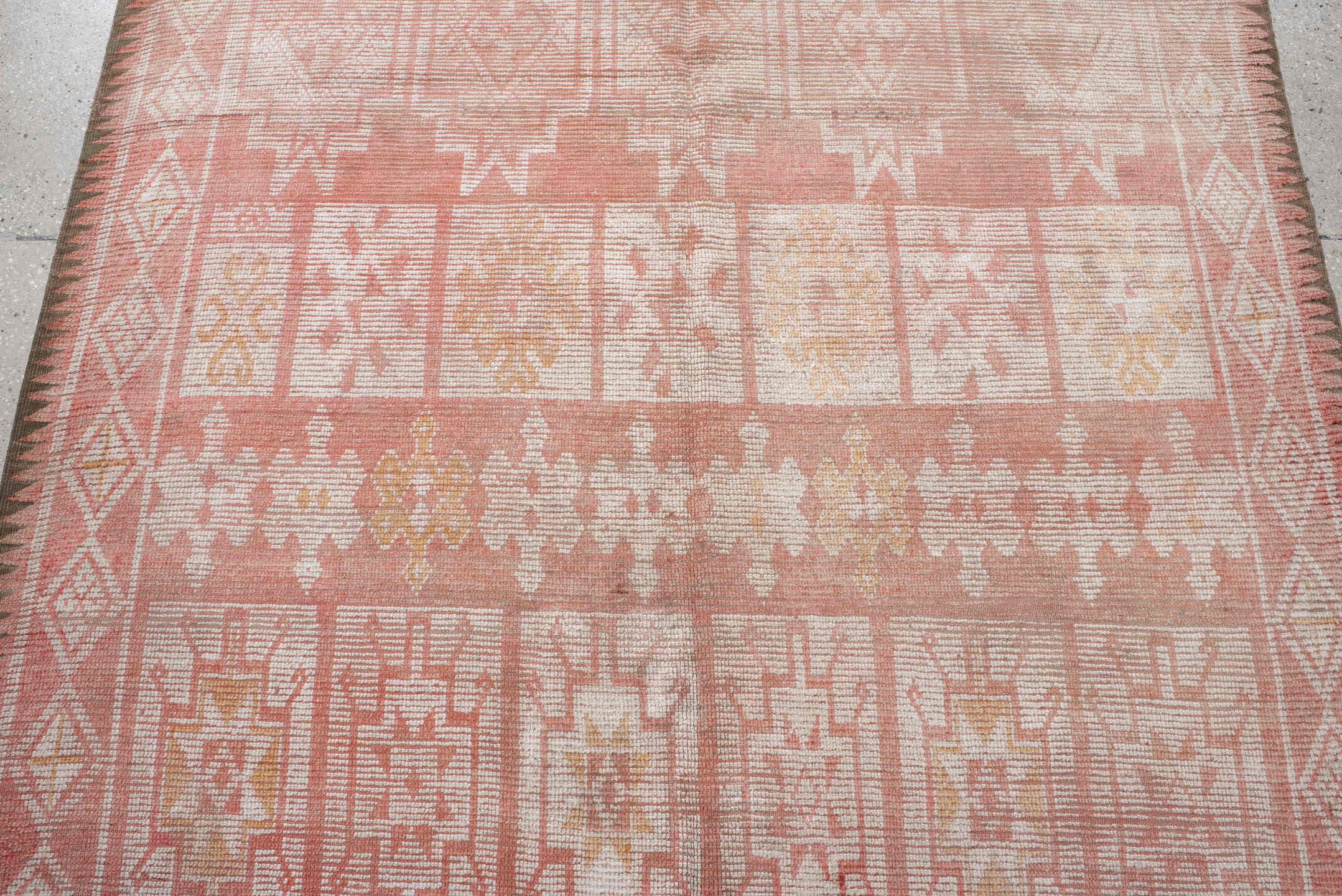 5' x 14' one-of-a-kind handmade vintage Moroccan runner rug. Color palette: brown, gray, light gray, off-white, orange, pink