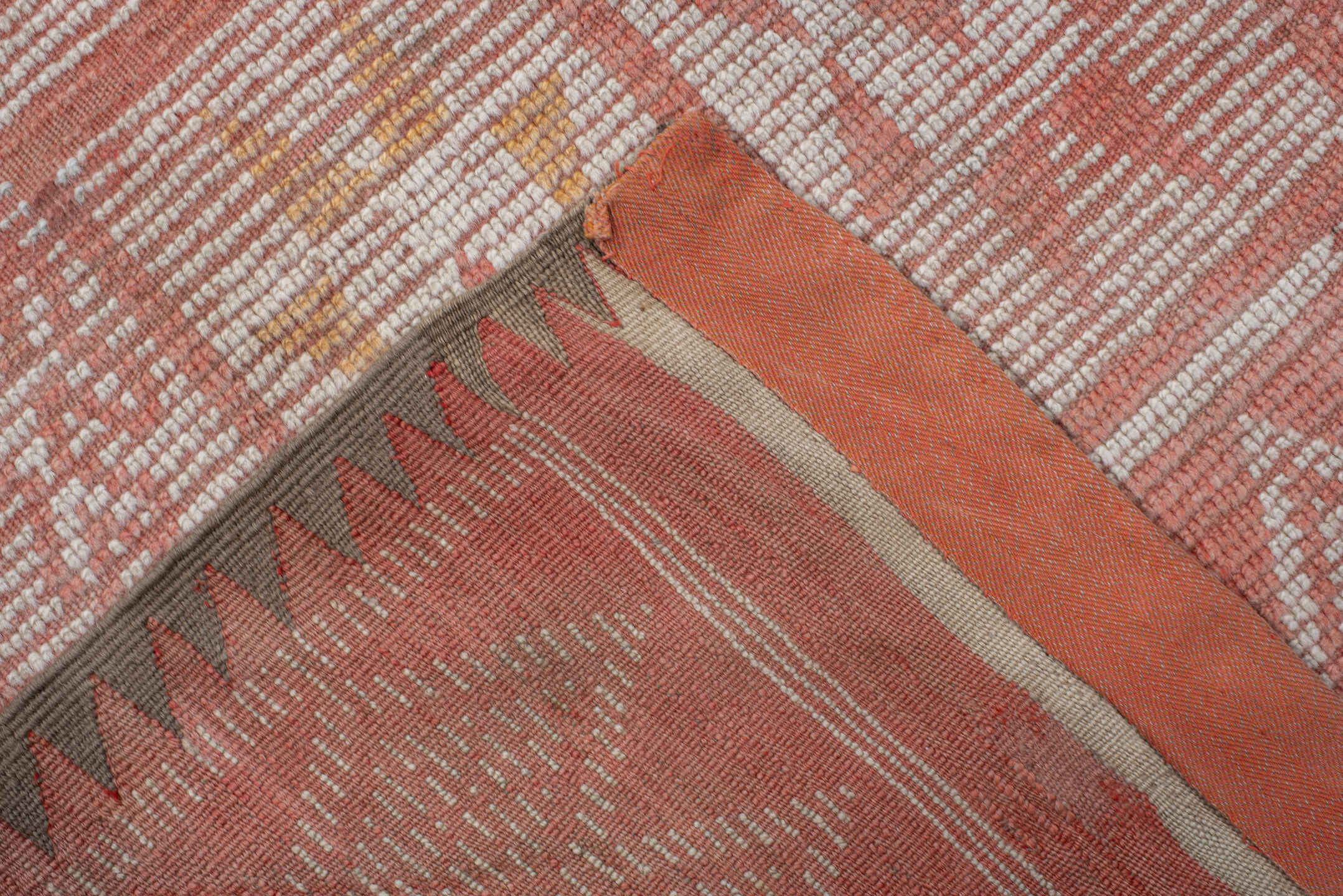 5' x 14' one-of-a-kind handmade vintage Moroccan runner rug. Color palette: brown, gray, light gray, off-white, orange, pink