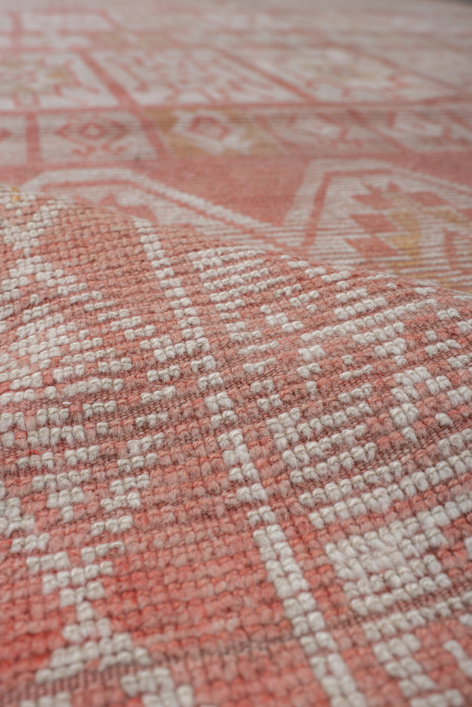 5' x 14' one-of-a-kind handmade vintage Moroccan runner rug. Color palette: brown, gray, light gray, off-white, orange, pink