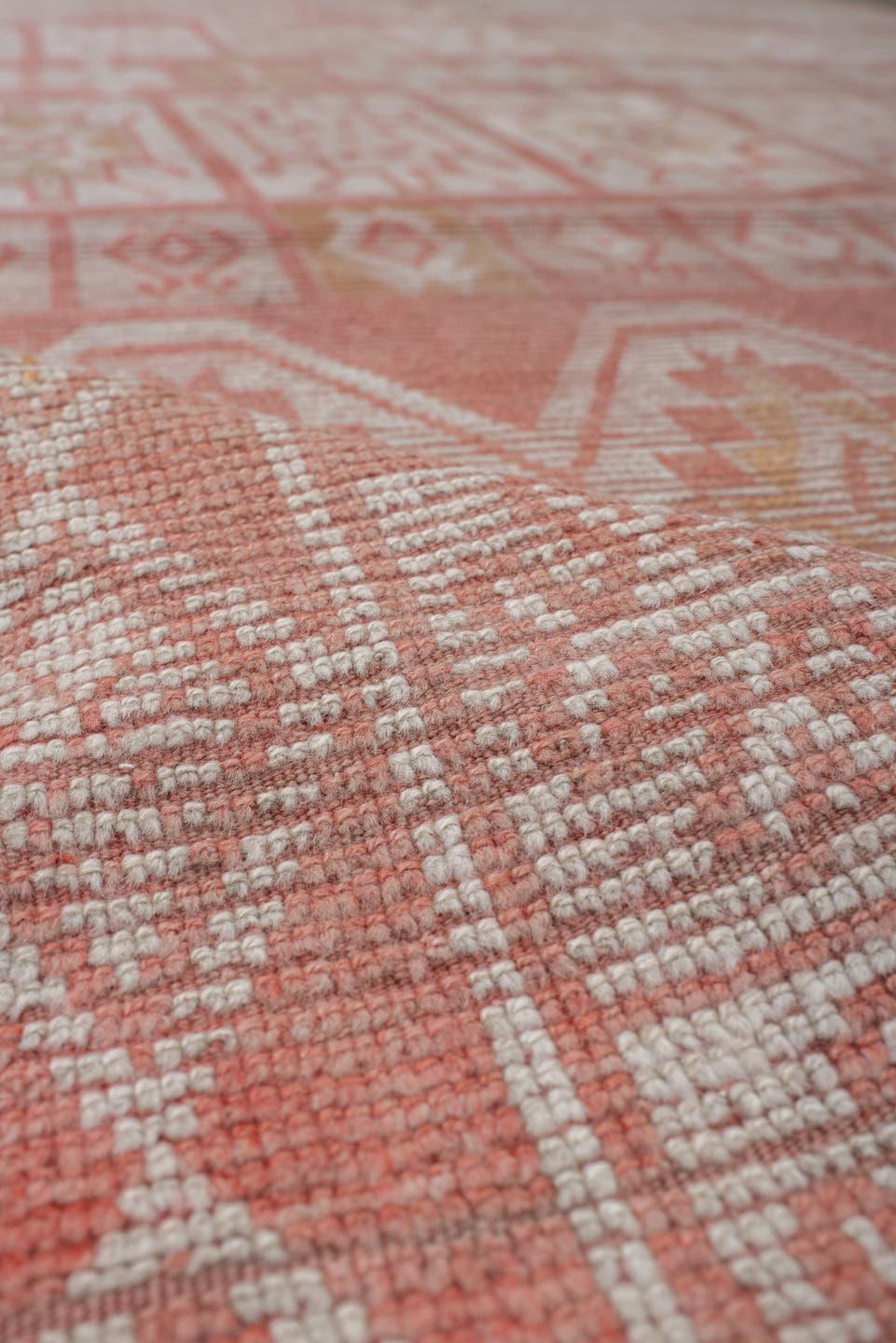 5' x 14' one-of-a-kind handmade vintage Moroccan runner rug. Color palette: terra cotta, ivory, peach, soft gold, camel
