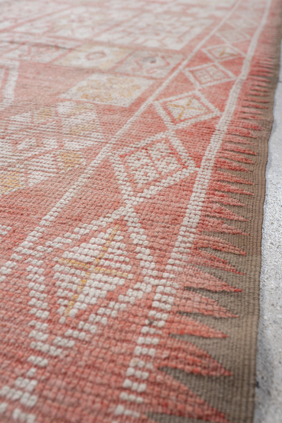 5' x 14' one-of-a-kind handmade vintage Moroccan runner rug. Color palette: terra cotta, ivory, peach, soft gold, camel