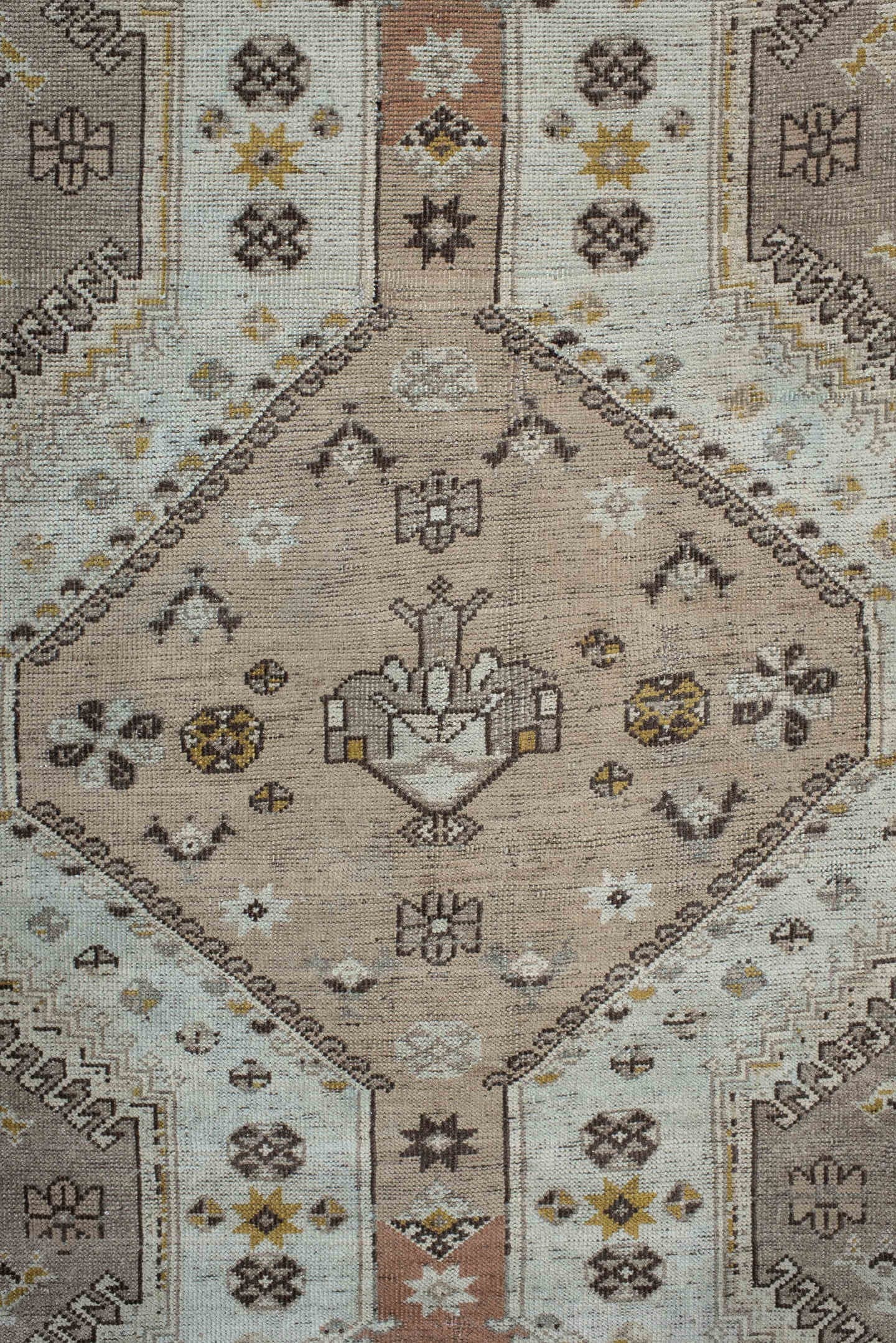 6' x 10' one-of-a-kind handmade antique Qashqai large size rug. Color palette: taupe, ivory, camel, rose, gold, brown, cream