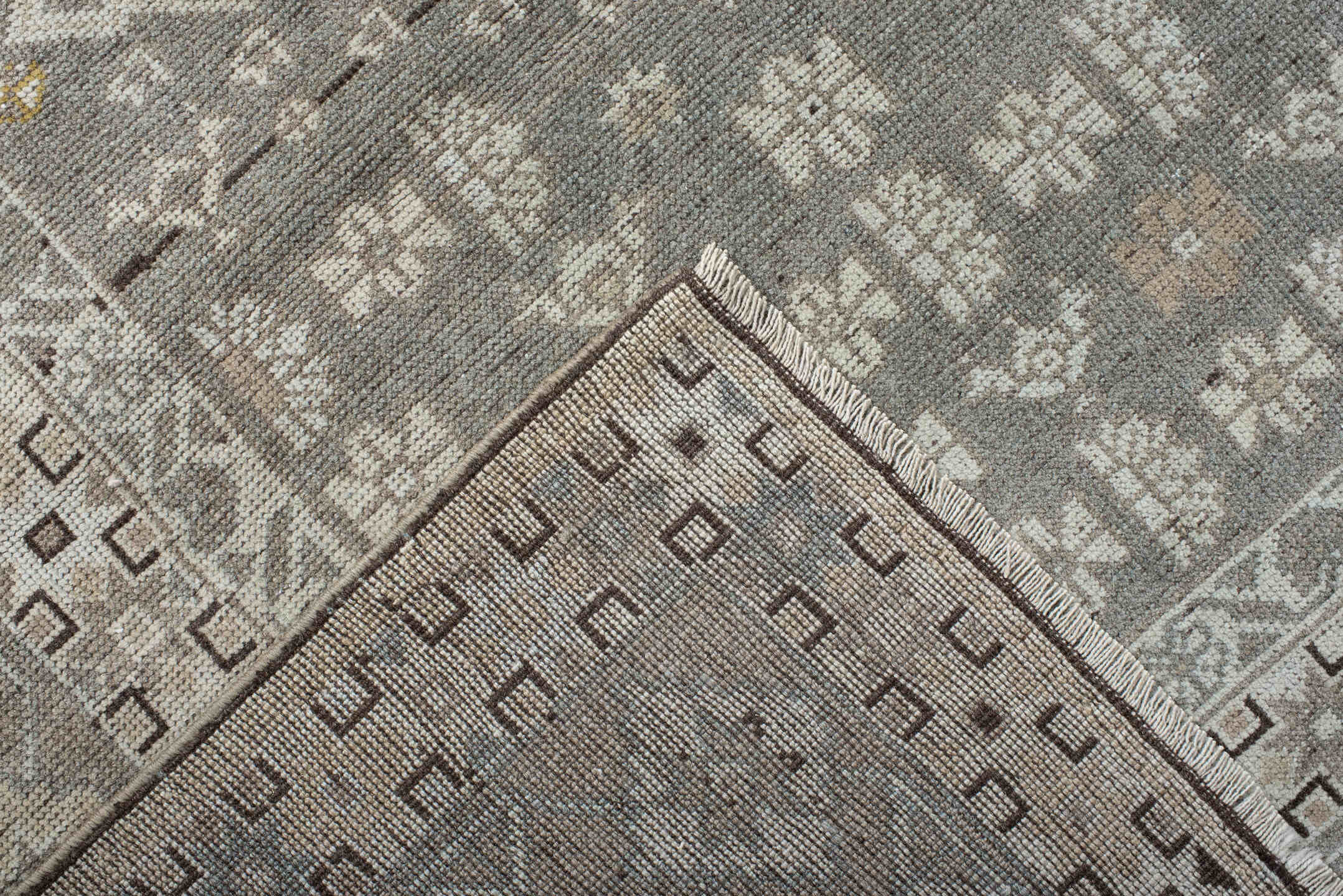 6' x 10' one-of-a-kind handmade antique Qashqai large size rug. Color palette: taupe, ivory, camel, rose, gold, brown, cream