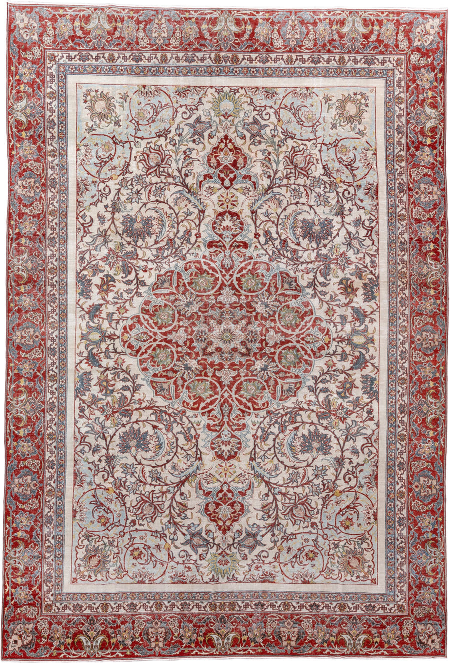 9' x 13' one-of-a-kind handmade vintage Isfahan large size rug. Color palette: ivory, rust, sky blue, red, gold, sage, taupe
