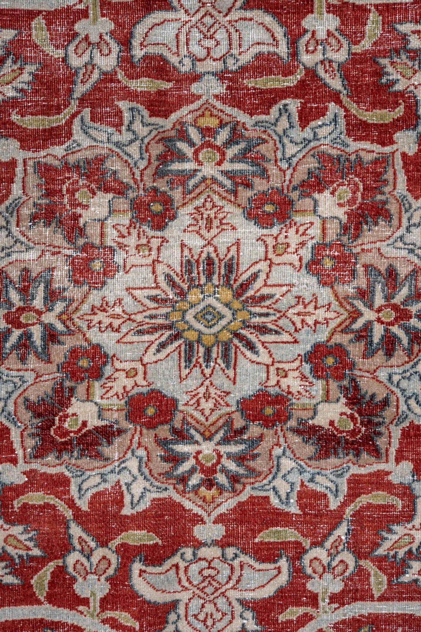 9' x 13' one-of-a-kind handmade vintage Isfahan large size rug. Color palette: ivory, rust, sky blue, red, gold, sage, taupe