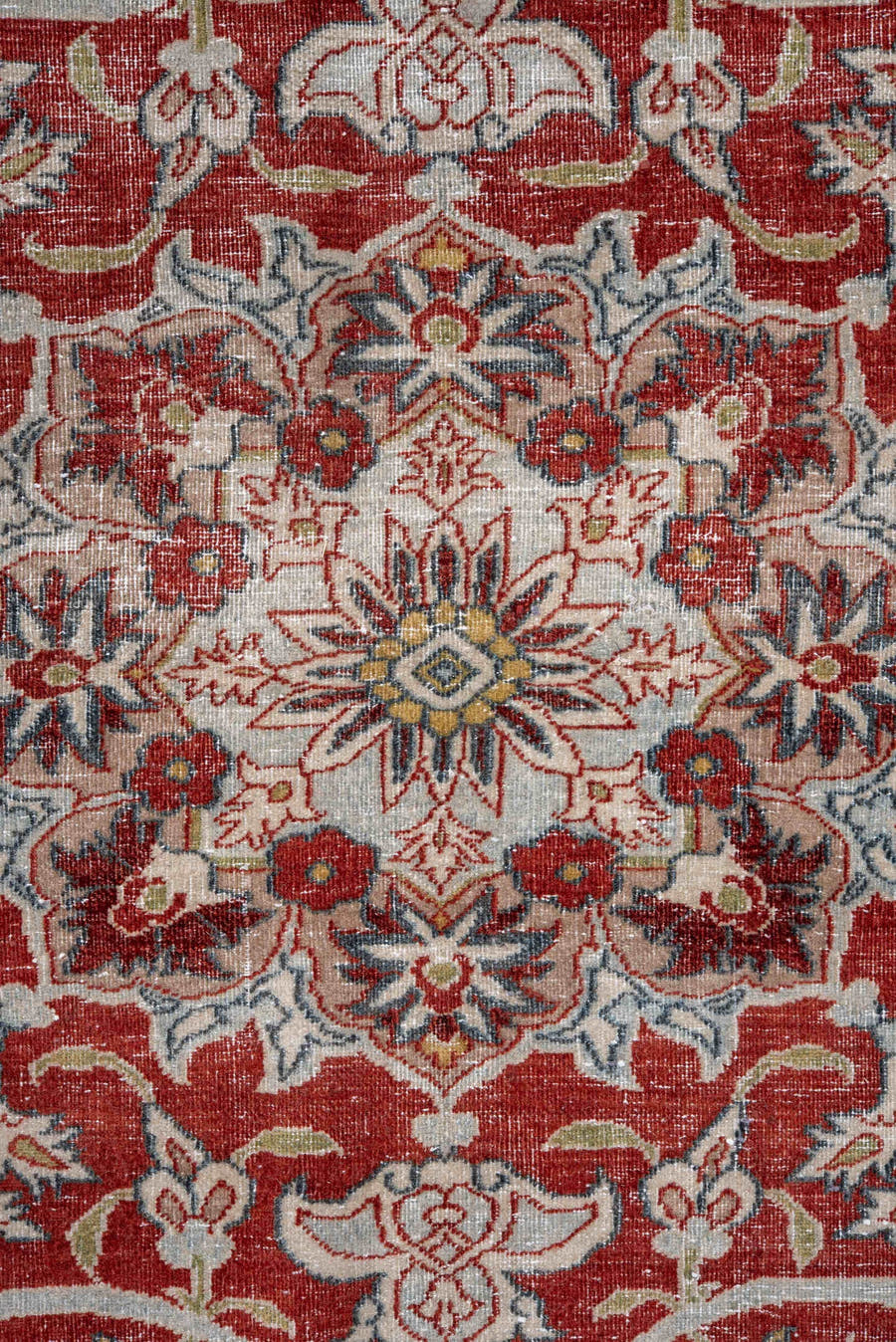 9' x 13' one-of-a-kind handmade vintage Isfahan large size rug. Color palette: ivory, rust, sky blue, red, gold, sage, taupe