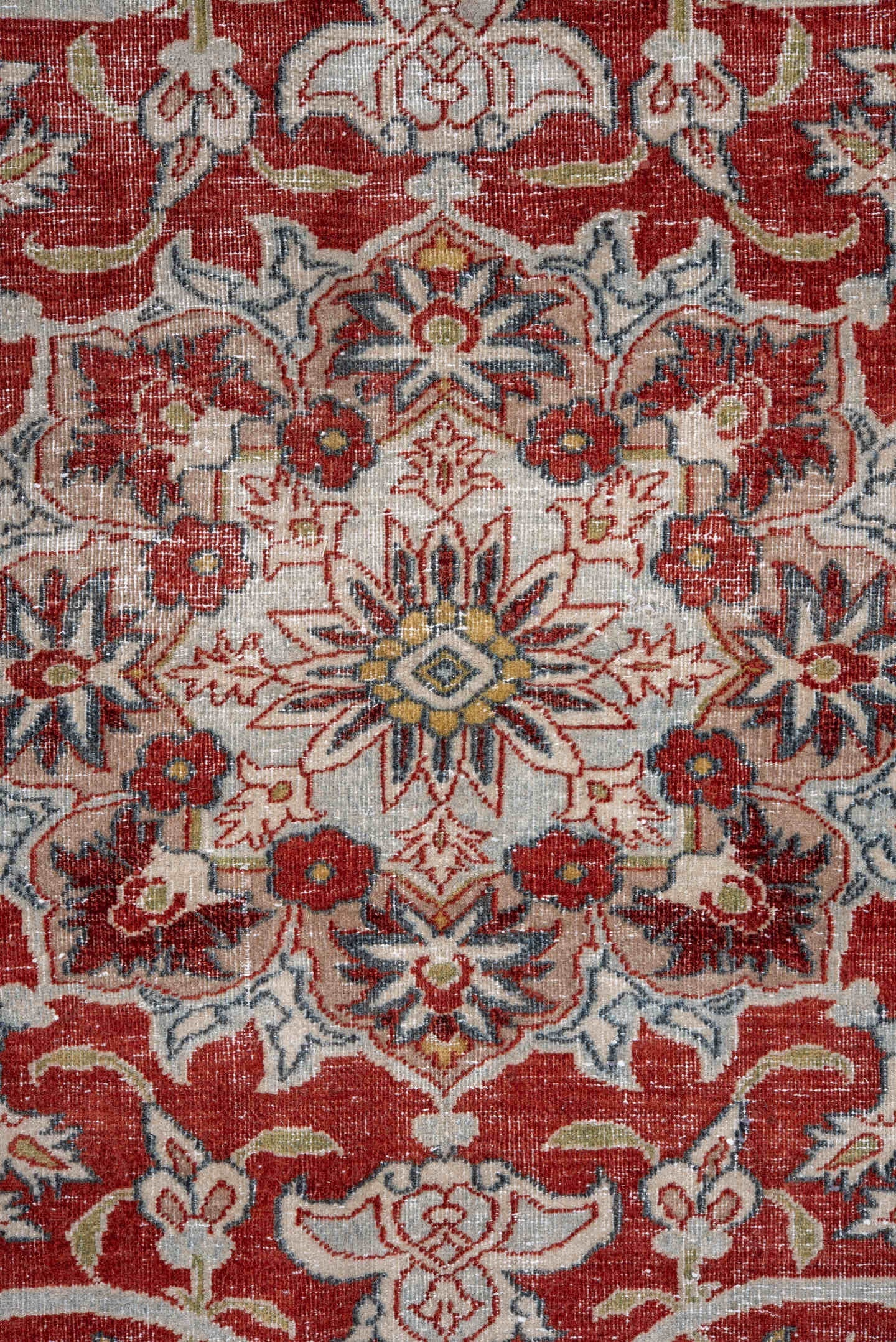9' x 13' one-of-a-kind handmade vintage Isfahan large size rug. Color palette: ivory, rust, sky blue, red, gold, sage, taupe