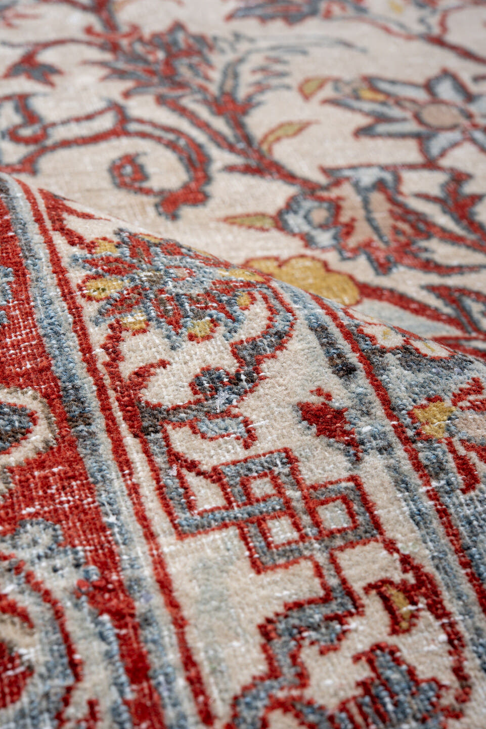 9' x 13' one-of-a-kind handmade vintage Isfahan large size rug. Color palette: ivory, rust, sky blue, red, gold, sage, taupe