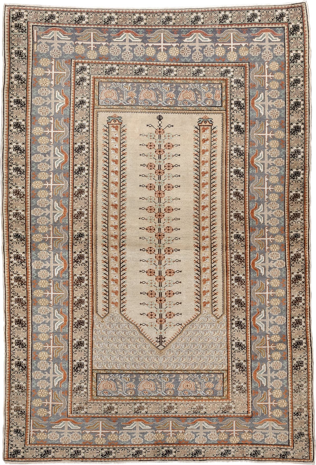 4' x 6' one-of-a-kind handmade antique Anatolian small size rug. Color palette: ivory, blue gray, camel, terracotta, taupe