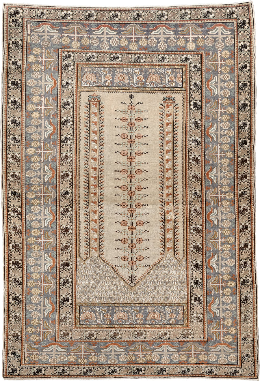 4' x 6' one-of-a-kind handmade antique Anatolian small size rug. Color palette: ivory, blue gray, camel, terracotta, taupe