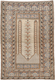 4' x 6' one-of-a-kind handmade antique Anatolian small size rug. Color palette: ivory, blue gray, camel, terracotta, taupe