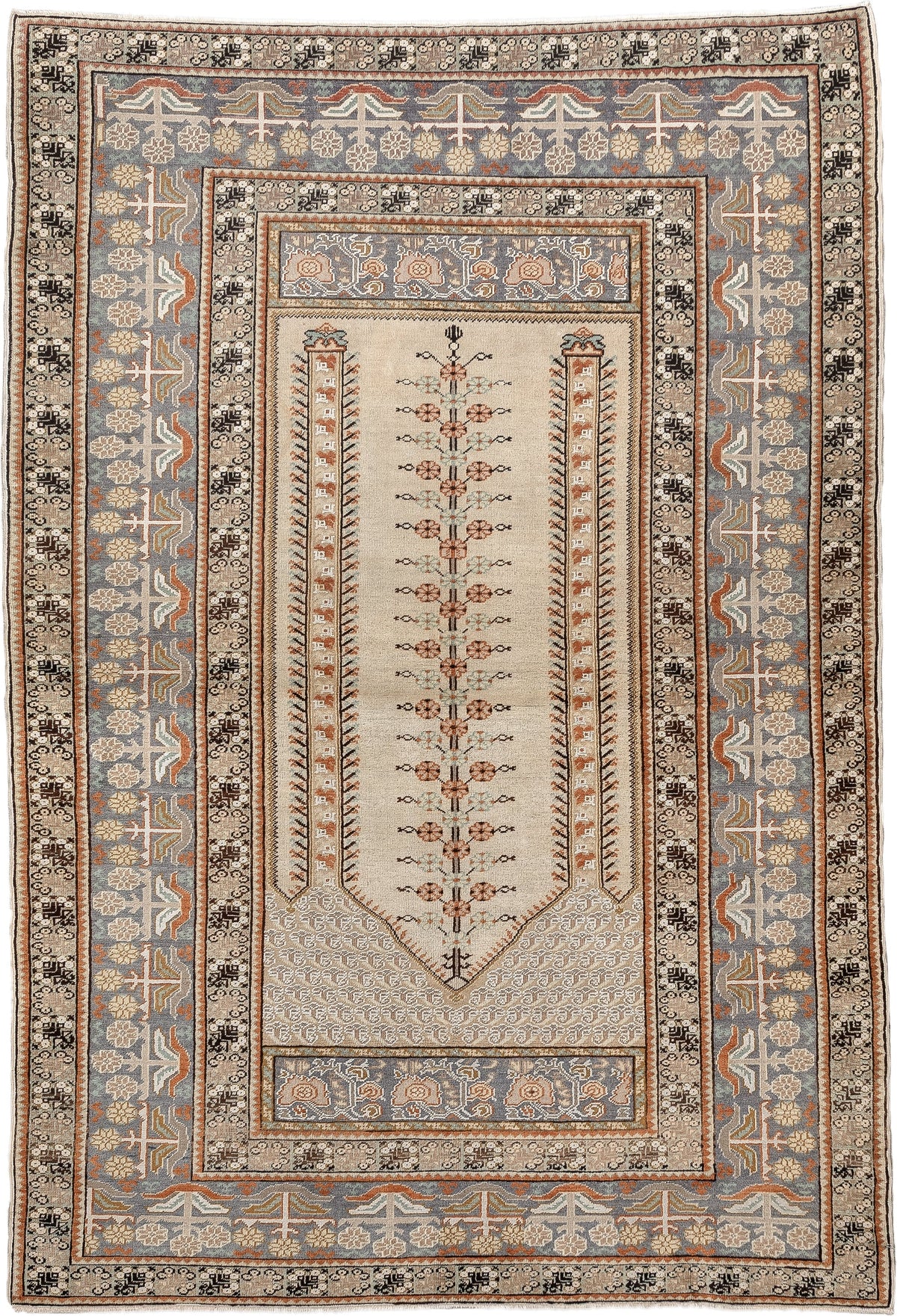 4' x 6' one-of-a-kind handmade antique Anatolian small size rug. Color palette: ivory, blue gray, camel, terracotta, taupe