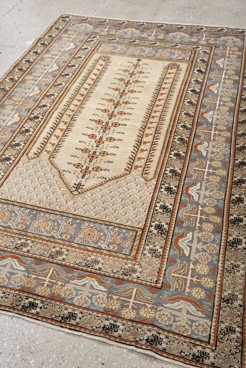 4' x 6' one-of-a-kind handmade antique Anatolian small size rug. Color palette: ivory, blue gray, camel, terracotta, taupe