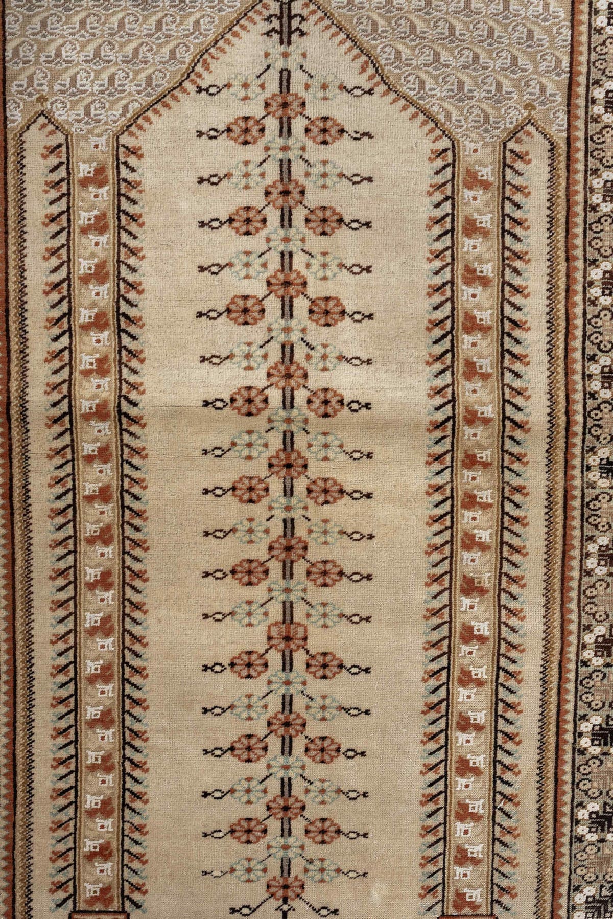 4' x 6' one-of-a-kind handmade antique Anatolian small size rug. Color palette: ivory, blue gray, camel, terracotta, taupe
