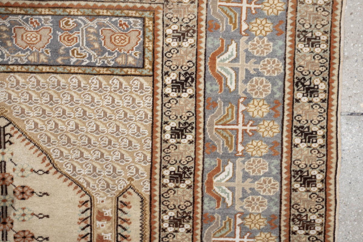 4' x 6' one-of-a-kind handmade antique Anatolian small size rug. Color palette: ivory, blue gray, camel, terracotta, taupe
