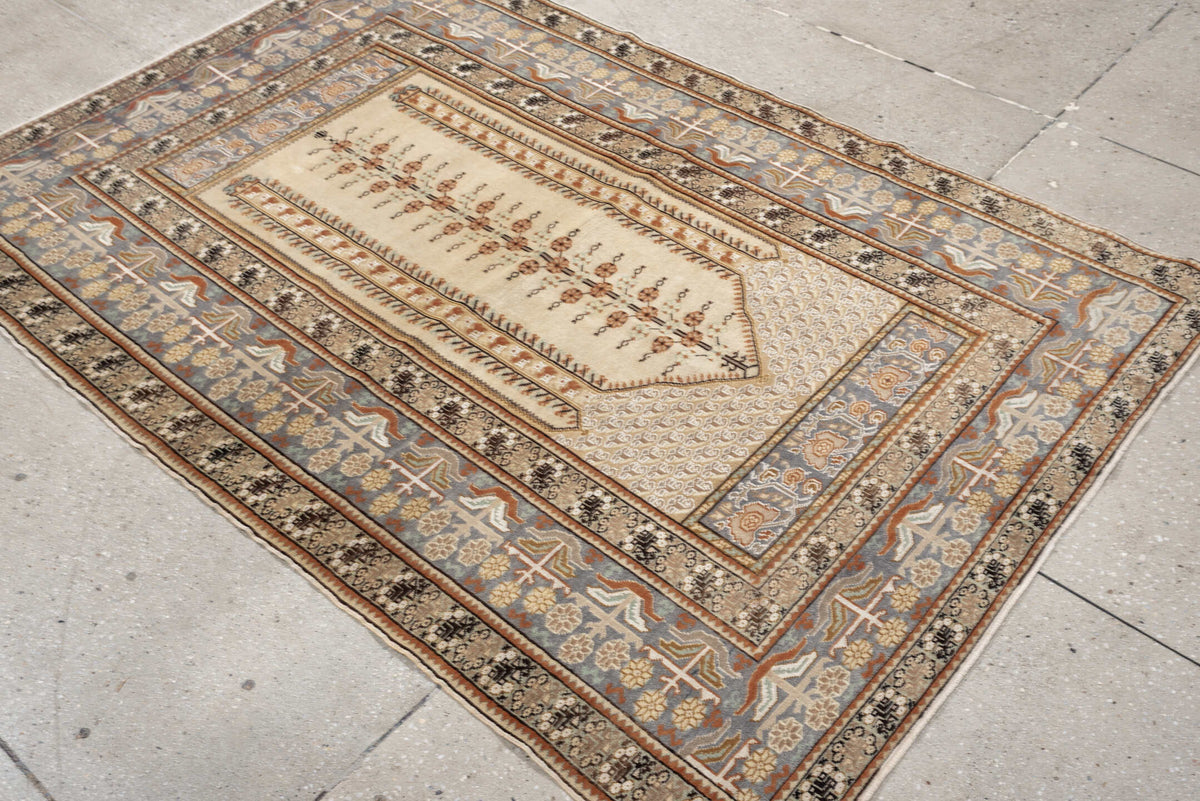 4' x 6' one-of-a-kind handmade antique Anatolian small size rug. Color palette: ivory, blue gray, camel, terracotta, taupe