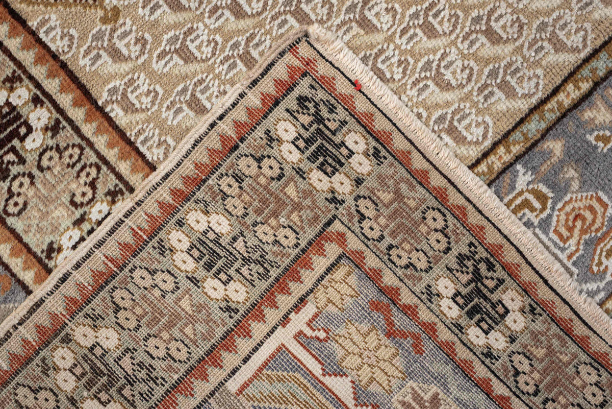 4' x 6' one-of-a-kind handmade antique Anatolian small size rug. Color palette: ivory, blue gray, camel, terracotta, taupe