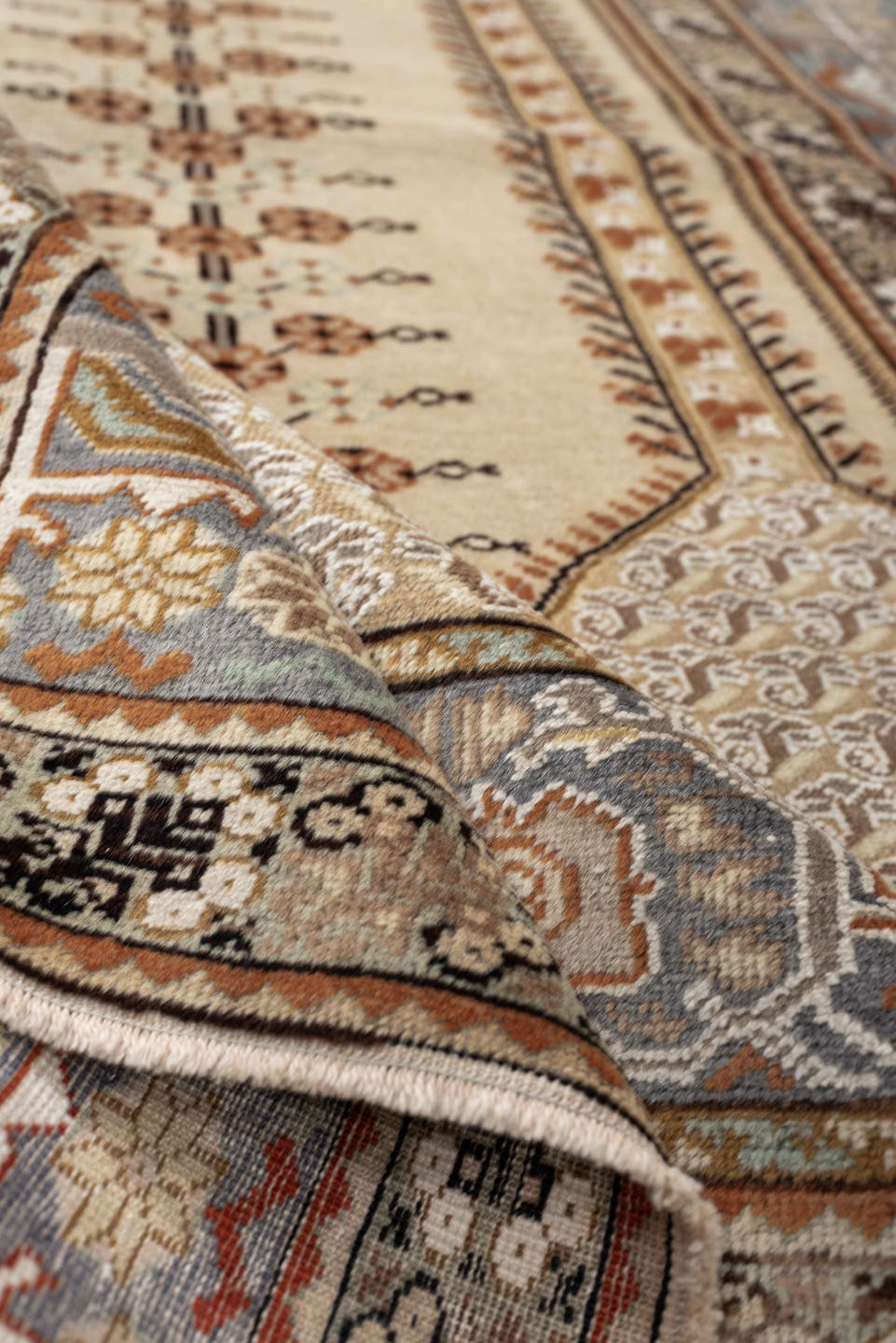 4' x 6' one-of-a-kind handmade antique Anatolian small size rug. Color palette: ivory, blue gray, camel, terracotta, taupe