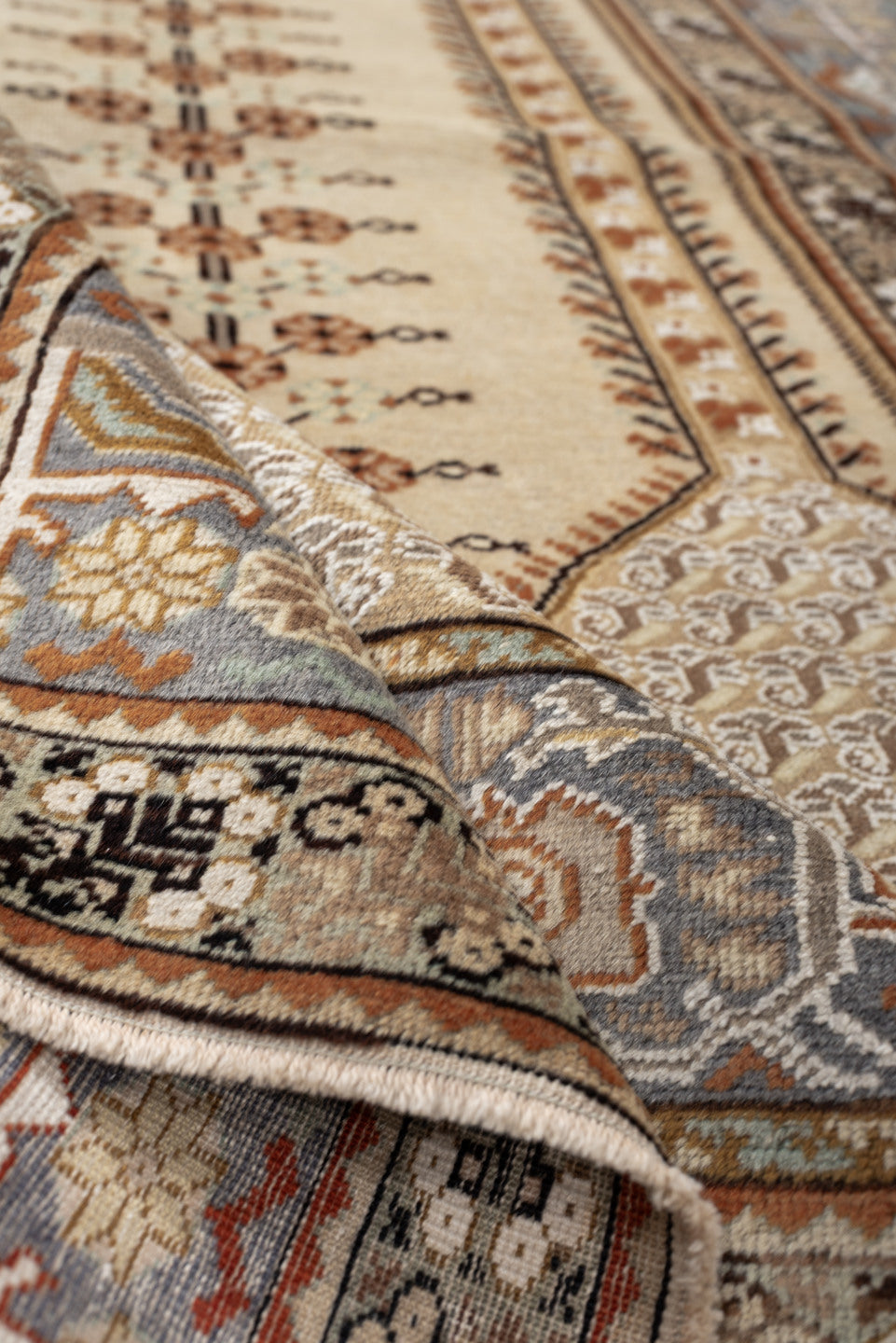 4' x 6' one-of-a-kind handmade antique Anatolian small size rug. Color palette: ivory, blue gray, camel, terracotta, taupe